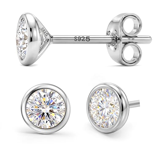 GEMQUEEN Moissanite Earrings Studs : 18K White Gold Plated Solid 925 Sterling Silver Stud Earrings for Women Men Hypoallergenic Moissanite Jewelry for Sensitive Ears Round Cut D Color VVS1 1CT