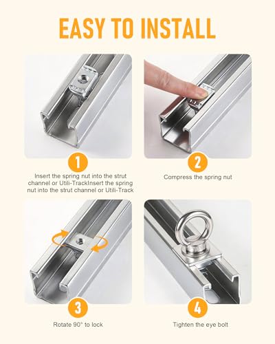 Image of Strut Channel Nut and Eye Bolt Set - Heavy Duty Stainless Steel Eye Bolts M8, M10 | Zinc Plated Spring Nuts, Long Spring for Unistrut, M10, Pack of 8