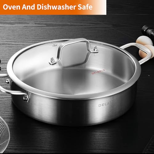 image for DELARLO Tri-Ply Stainless Steel Saute Pan 6 Quarts Deep Frying Pan, La