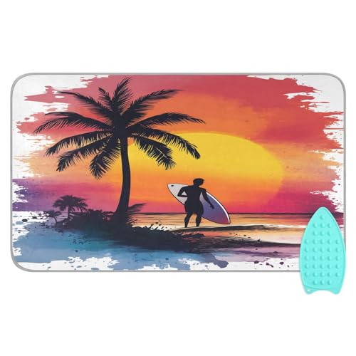 pnyoin Portable Ironing Mat Round Sunset Palm Trees Travel Ironing Pad with Silicone Iron Rest for Steam Pressing on Tabletop or Bed Heat Resistant Portable Quilting & Travel Blanket