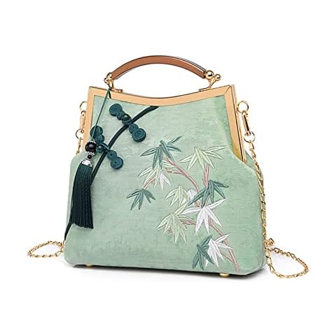 YeBon Retro hombro cadena mensajero embrague estilo chino grúa bordado jacquard bolsos de noche de las mujeres, Bambú verde Cover