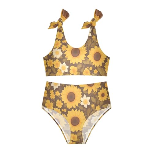 Sunflower Cow Leather Skin Brown Pattern Girls Two Piecing Kids Bikini Set Quick-Dry Swimsuits Swimming Suits Adjustable3