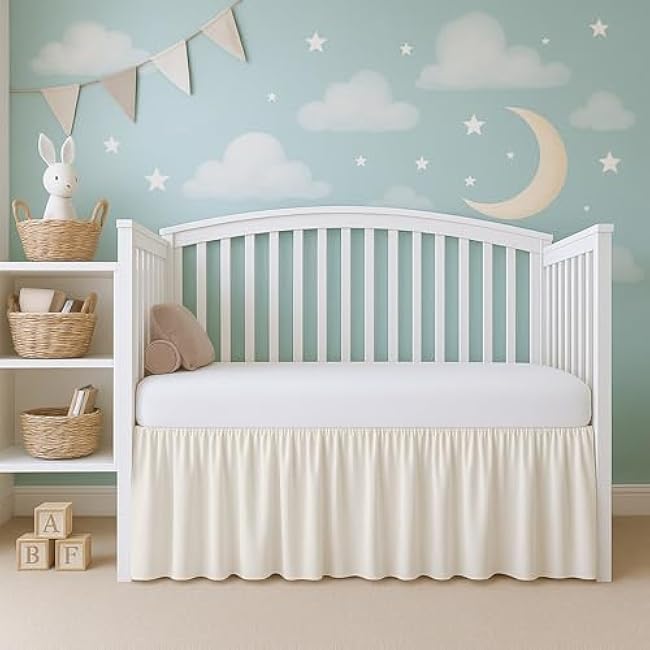 Cottington Lane Ivory Infrant Crib Bed Skirt Dust Ruffle with Split Corner, 100% Natural Cotton Nursery Crib Toddler Bedding Skirt for Baby Girls or Boy, Fits Standard Cribs 28 x 52 with 14 Drop