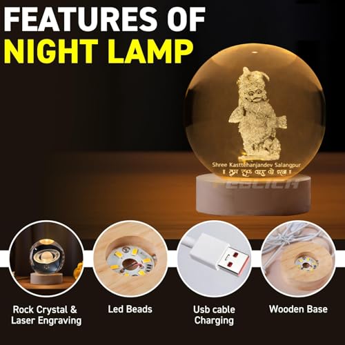 Image of 3D Hanuman Crystal Ball Night Lamp, Solar System Hanuman Crystal Ball Night Light, USB Table Colorful LED Wooden Crystel Ball for Home, Office, Birthday Gift (Kashtbhanjan Dev)