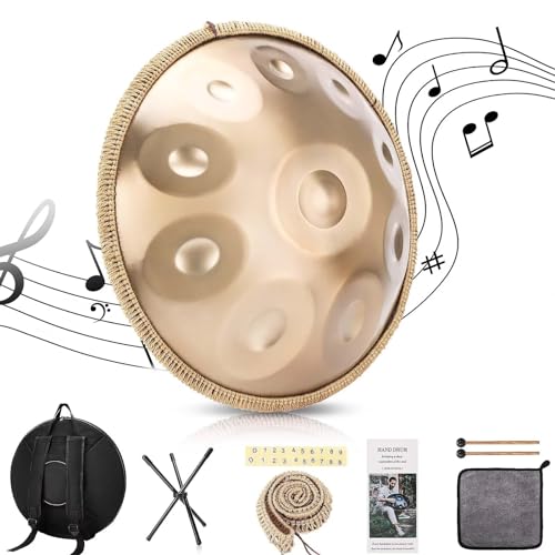 Handpan 440 Hz, 10 Töne 22 Zoll Steel Handpan Instrument, Gold Performer' in D Minor Zungentrommel, mit Handpan Weicher Tasche, Schlägeln, Handtrommelständer Für Anfänger, Profis, Musiktherapie