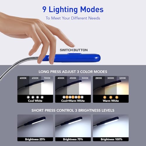 VAVOFO Rechargeable Book Light for Reading in Bed Kids, 7 LED Reading Light with 9-Level Warm Cool White Daylight, Eye Care Lamp with Power Indicator for Bookworms (Royal Blue) - Image 4