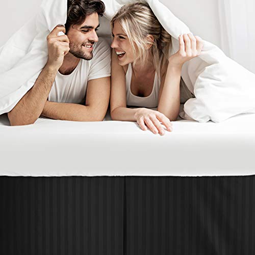 Image of Nestl King Bed Skirt - Damask Dobby Stripe Wrap Around Bed Skirt King Size - Double Brushed Microfiber 14 in Tailored Drop Pleated Bed Ruffle with Bed Skirt Pins - Black