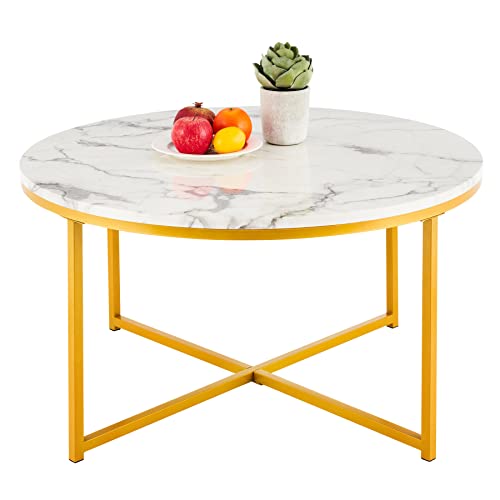 Vonluce 36" Modern Round Coffee Table With Faux Marble Top, Mid-Century Cocktail Table With Metal Frame, Accent Table For Living Rooms Bedrooms Entryways Decor And More, White Marble And Gold #TOP15