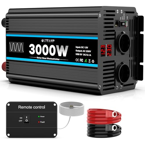 Wechselrichter 12V auf 230V 3000W Reiner Sinus Spannungswandler mit Fernbedienung & LED-Anzeige - 2X EU-Steckdosen & USB-Port - Ideal für Wohnmobil, Wohnwagen, Camping & Stromausfall