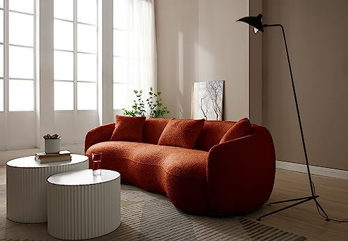 Image of KEIKI 94 inch Boucle Half Moon Curved Sectional Sofa with 3 Throw Pillows, Modern 4-Seater Teddy Fleece Leisure Couch with Curved Backrest, Easy Assembly, for Living Room, Bedroom, Brown