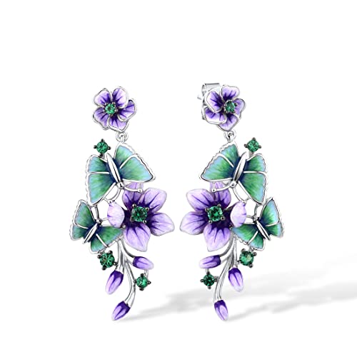 Santuzza 925 Sterling Silver Peony Earrings Spinel Enamel Purple Flower & Green Butterfly Dangle Earrings #TOP7