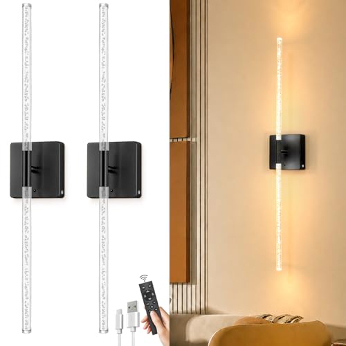 Image of iThird Wall Sconces Set of 2, Rechargeable Wireless Sconce(Bubble Crystal) | Battery Operated Wall Lights With Touch Remote, 4CCT Dimmable Wall Lamp For Bedroom, Living Room, Hallway. 31.7inch