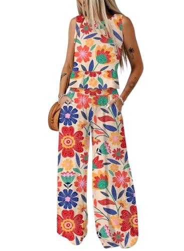 Image of Dokotoo Womens 2 Piece Outfits Tank Tops Elastic Waist Wide Leg Pants Sets | Sleeveless,Wide Leg,Loungewear Set,Cruise Travel Outfits,Beach Vacation Clothes,With Pocket