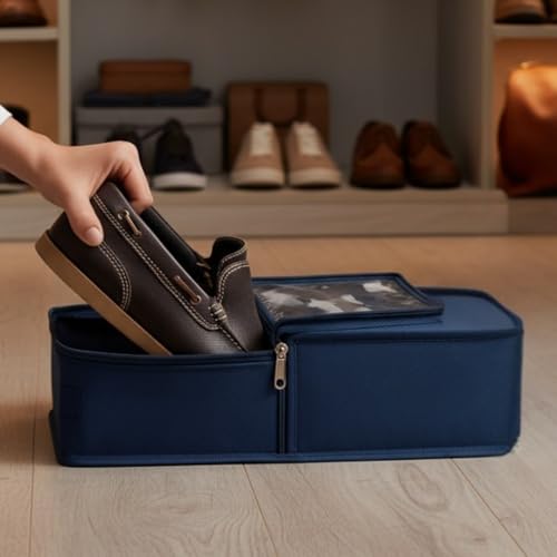Image of Under Bed Shoe Storage Organizer Box with Clear Plastic Zippered Cover | Large Durable Rexine Travel Shoe Bag for Men & Women | Pack of 8 | Shoes, Slippers & Sports Footwear Storage (Blue)