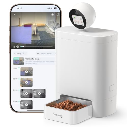 FEELNEEDY 5.5L Comedero Gato Automatico con Cámara 360°, Video 3MP HD con Visión Nocturna y Audio Bidireccional, 2.4G/5G Dispensador Comida Gatos/Perros, Pantalla IPS & App Control, Grabación de Video