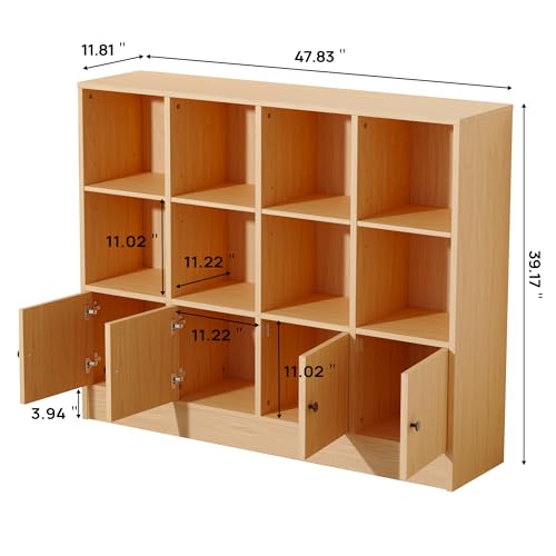 Image of DIYART Oak Bookshelf, Wood Bookcase with 3 Tier Shelves, 12 Cube Storage Organizer with Doors for Bedroom, Living Room, 47.8 inch W x 39.1 inch H