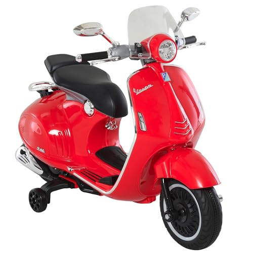 Moto Eléctrica para Niños de 3-6 Años Moto de Batería Autorizada de Vespa con Faros Música 2 Ruedas Auxiliares 108x49x75 cm Rojo