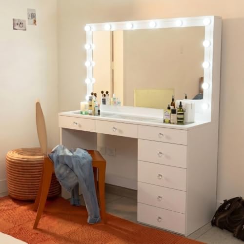 Boahaus Luna Vanity Desk with Add-On Lighted Mirror – 7 Drawer...