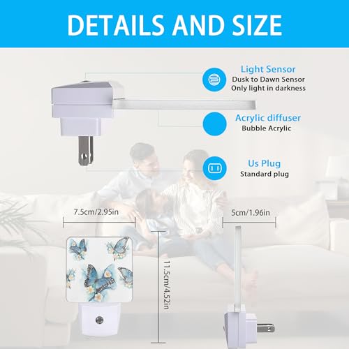 Image of Night Lights Plug into Wall Blue Butterfly on Blossom Night Lights Dusk to Dawn Sensor Led Lamp for Women Men,Led Lights for Stairway /Hallway /Bedroom,0.5W