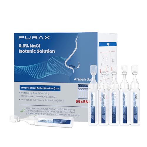 PURAX 0.9% Saline Solution, 280ml / 9.47 FL OZ, Normal Solution for Cleansing & Nasal Irrigation for Relieve Nasal Congestion, 56 Saline Bullets of 5ml