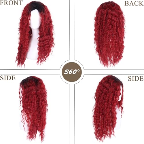 Image of GNIMEGIL Womens Long Curly Wig Vibrant Red to Black Ombre, Full Voluminous Curls, Synthetic Fiber Hairpiece for Cosplay, Halloween, Parties & Photoshoots
