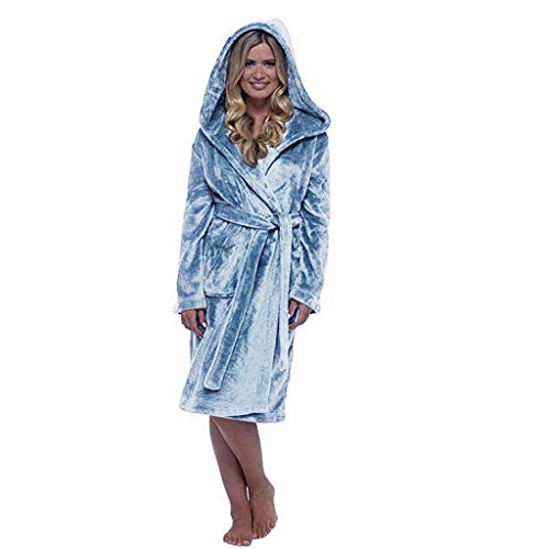 Womens Hooded Fleece Robe, Velour Knit Soft Plush Bathrobe for Womens, Fluffy Cute Long House Coat Blue