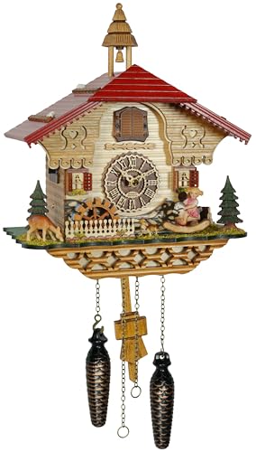 Trenkle Quartz Cuckoo Clock Black Forest House with Music, Moving Seesaw and Mill Wheel