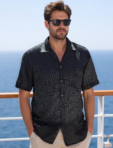 Mens Shiny Satin Silk-Like Designer Shirt Summer Regular Fit Short Sleeve Button Up Floral Shirt with Pocket4