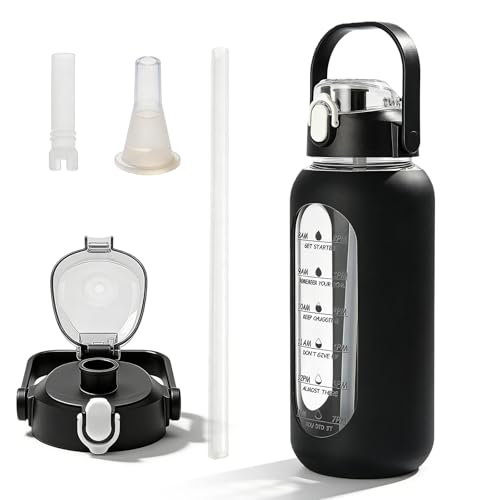 Borraccia in vetro da 1800 ml, bottiglia di vetro, bottiglia d'acqua con manico, marcature del tempo e cannuccia, borraccia con custodia protettiva in silicone, per uso quotidiano, colore nero