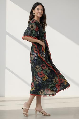 Image of Yash Gallery Womens Cotton Printed Kaftan Midi Dress Ethnic Wear