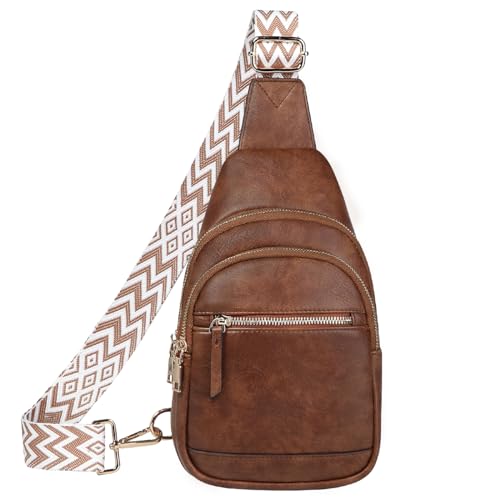 VASCHY Bolso Bandolera Mujer Pequeña, Bolso de Pecho Mochila Sling Antirrobo de Cuero Vegano para Viaje Senderismo Trabajo Regalo, Marrón