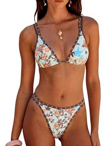 ZAFUL Women Dual Straps Bikini Floral Triangle Cheeky Two Piece Swimsuit