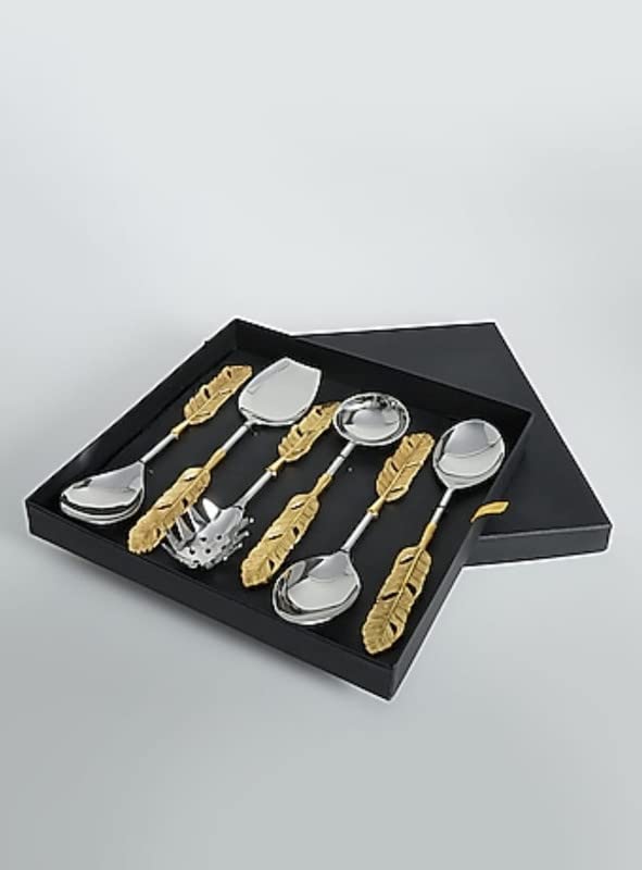 Made for You Gold Polished Classique Serves Designer Serving Spoon Set Gift Box | Flatware Cutlery Golden & Silver Feather Antique Handle Design | Made with Brass | Set of 6