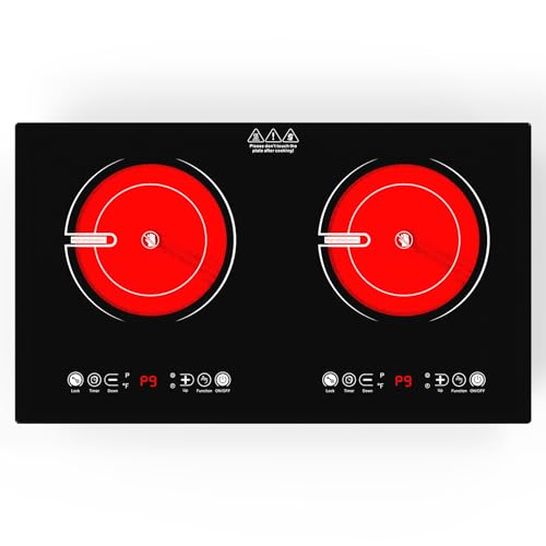 VBGK Placa Vitrocerámica 2 Fuegos con Enchufe, 3520W Vitroceramica Portatil 2 Fuegos, 9 Niveles, Calor Infrarrojo,Temporizador, Cerradura Infantil, 220-240V