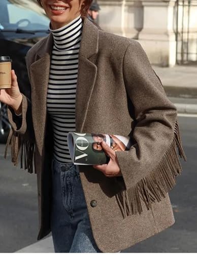 CHARTOU Women's Fashion Fringe Tweed Jacket Blazer Oversized Notched Lapel Single Breasted Back Slip Coats2