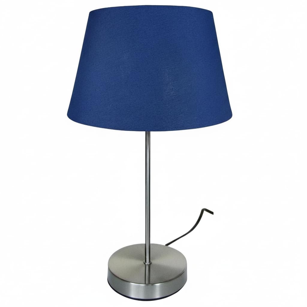 Loxton Lighting Modern Bedside Table Lamp – Brushed Chrome Base with Navy Blue Fabric Shade, E27 LED Compatible, 44cm Tall – Contemporary Desk Lamp for Bedroom, Living Room & Office