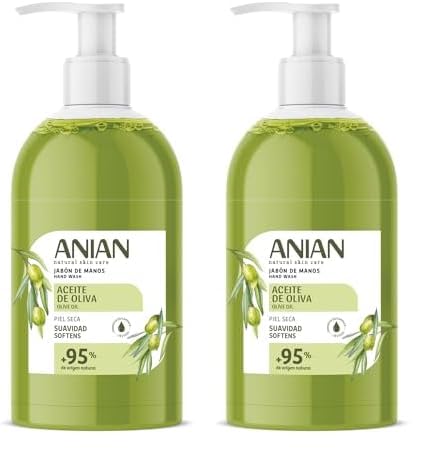 ANIAN - Jabón de Manos Aceite de Oliva, 500 ml, para Piel Seca, Glicerina y Aceite de Oliva, Combate la Sequedad de la Piel, Mantiene la Hidratación de la Dermis, + 95% Ingredientes de Origen Natural