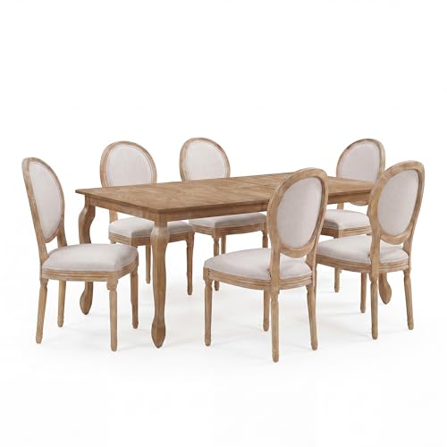 Image of Christopher Knight Home Bilas Extendable Dining Table Set for 6, Expandable Kitchen Table and Dining Chairs Set of 6, Rubberwood Dining Room Table Set for 6, Beige+Natural