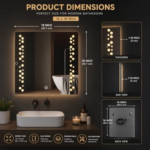 Image of LED Smart Bathroom Mirror with Touch Sensor | 3-in-1 Light Modes - Warm White | Cool White & Natural Light | Office and Home Use (Square, 18x18)