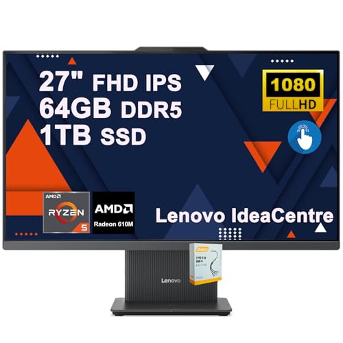 Image of Lenovo IdeaCentre AIO Desktop | 27 inch FHD IPS Touchscreen (99% sRGB) | AMD 6-core AMD Ryzen 5 7535HS | 64GB DDR5 1TB SSD | Type-C Harman Speaker Wi-Fi6 5MP Camera Win11 w /DLCA Accessory