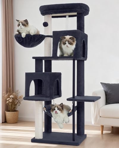 Image of Gitelsnour Cat Tree Tower with Sturdy Steel Tube for Indoor Cats GCT014G | 51.2'' Cat Furniture with Scratching Posts, Hammock, Basket and Padding Top Platform for Inoor Cats Large Adult, Drak Gray