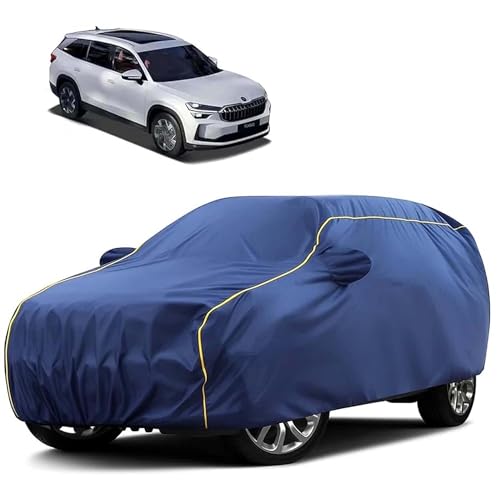 Image of Sulfar 100% Water Resistant Car Body Cover Compatible with Mirror for Skoda Kodiaq (Triple Stitched, Full Bottom Elastic, Blue Tafetta with Yellow Piping)