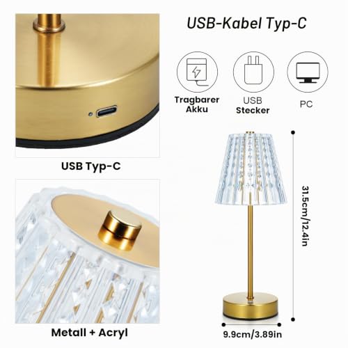 Lixada Kristall Tischlampe Kabellos, Vintage Tischleuchte mit 3 Farben, LED Touch Lampe, Akku Betrieben, Dimmbar, Ideal für Wohnzimmer Schlafzimmer Garten Gaststätte Bar (Gold) – Bild 2