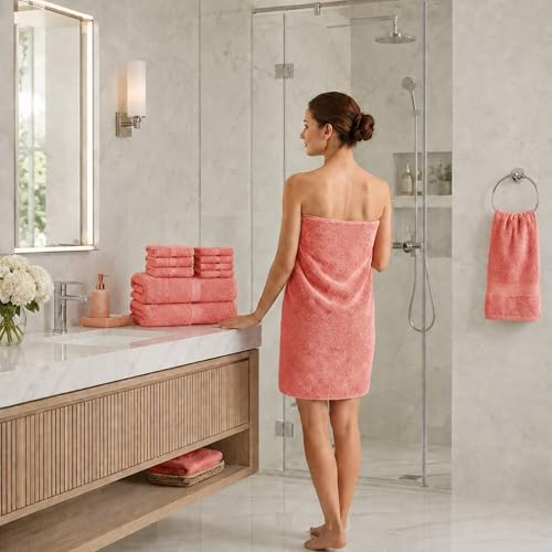 Image of Sulfar 100% Combed Cotton, 8 Pcs Towel Set - 2 Bath Towels (70 x 140 cm), 2 Hand Towels (40 x 70 cm) and 4 Face Towel (30 x 30 cm) (600 GSM, Pack of 8) Coral Pink
