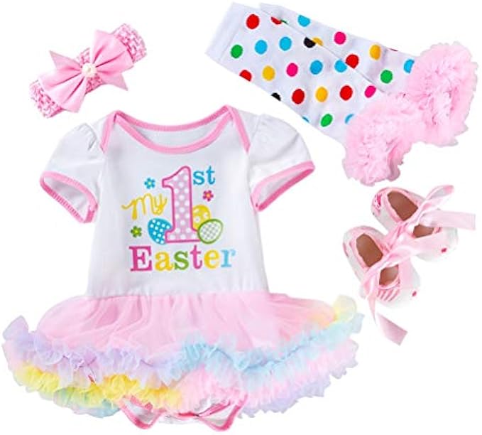AGQT Baby Girls 1st Easter Outfit Set Short Sleeve 4Pcs Skirt Set 0-24 Months