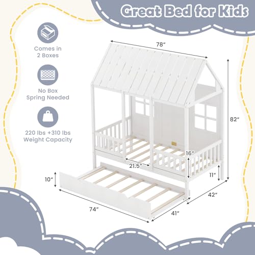 Giantex-Twin-House-Bed-with-Trundle-Kids-Bed-Frame-with-82-Tall-Roof-Windows-and-Guardrail-Wooden-Playhouse-Bed-for-Teens-Boys-Girls-Bedroom-No-Box-Spring-Needed-Free-to-Decorate-White Giantex Twin House Bed with Trundle Kids Bed Frame with 82 Tall Roof Windows and Guardrail Wooden Playhouse Bed for Teens Boys Girls Bedroom No Box Spring Needed Free to Decorate White