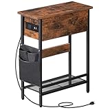 HOOBRO Narrow End Table with Charging Station, Flip Top Skinny Side Table, Slim Nightstand, Bedside Table with Storage for Small Spaces, Living Room, Bedroom, Rustic Brown and Black BF136UBZ01