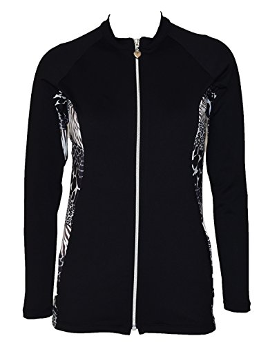 Private Island Women UPF 50+ Rash Guard Front Zip Up UV Long Sleeve Swimsuit Top (XXL, BWA)