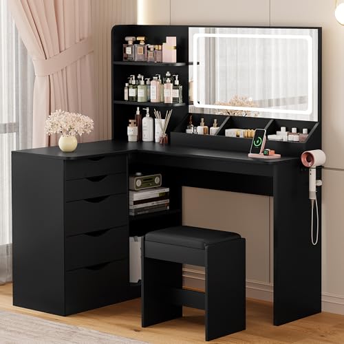YESHOMY Vanity Desk with Lights and Mirror, L Shaped Makeup Table, Dresser with Hairdryer Holder and...