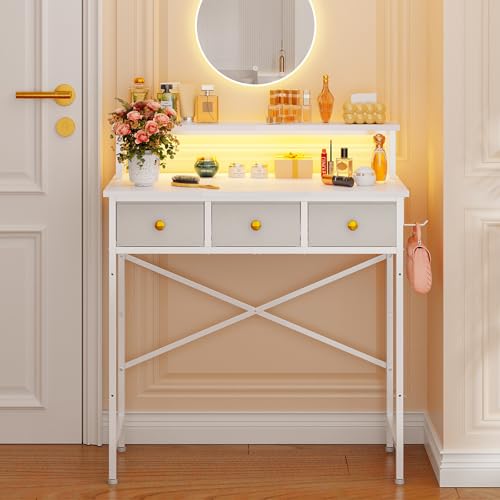 Small Vanity Desk for Girls with LED Light and 3 Fabric Drawers, No Mirror, Makeup Table with Faux...